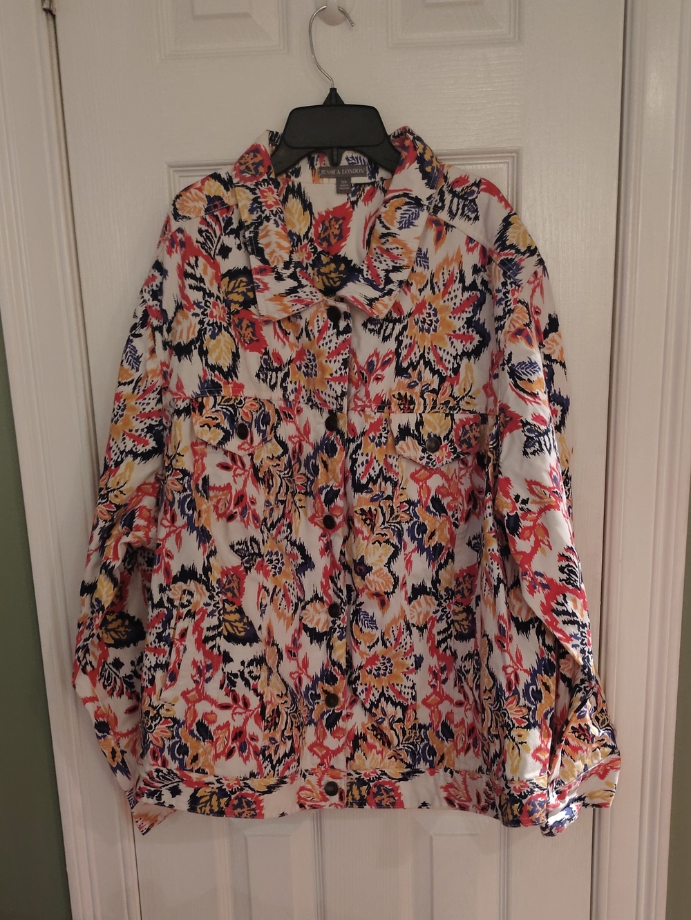 Jessica London Floral Jean Jacket - White, Yellow, Blue, Red